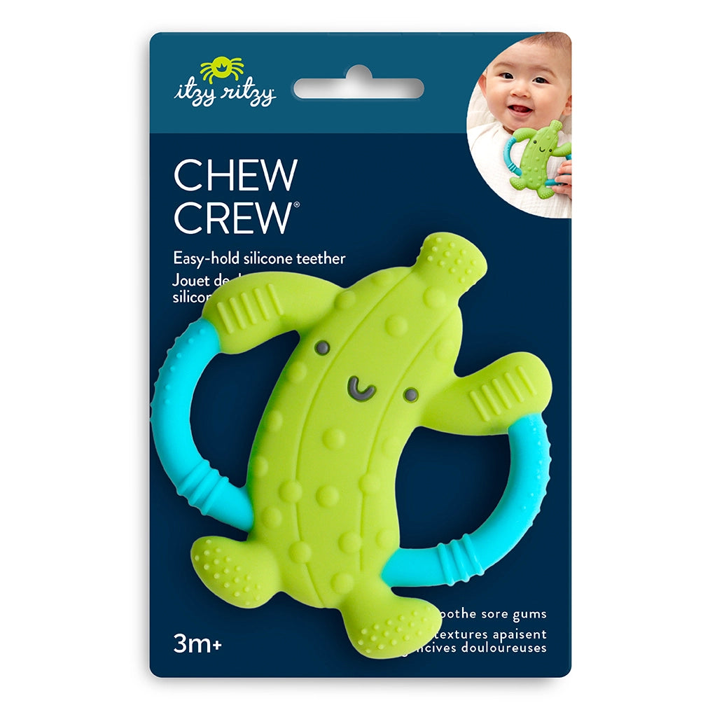 Chew Crew teether lime green silicone with blue handles