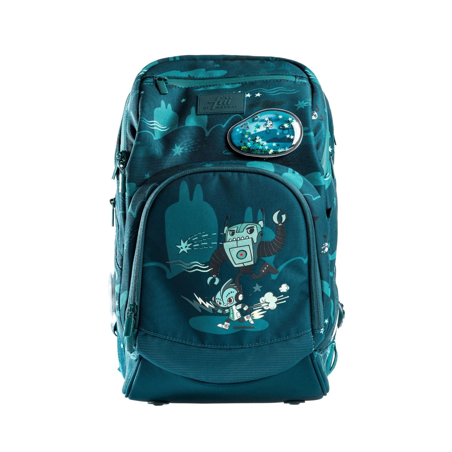 Frii of Norway school backpack expandable 20-25L teal robot game print