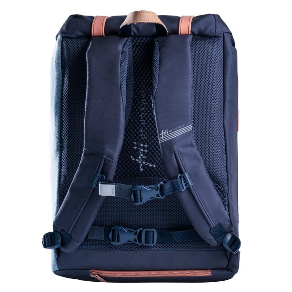 Frii of Norway 30L denim school backpack navy blue with padded shoulder straps