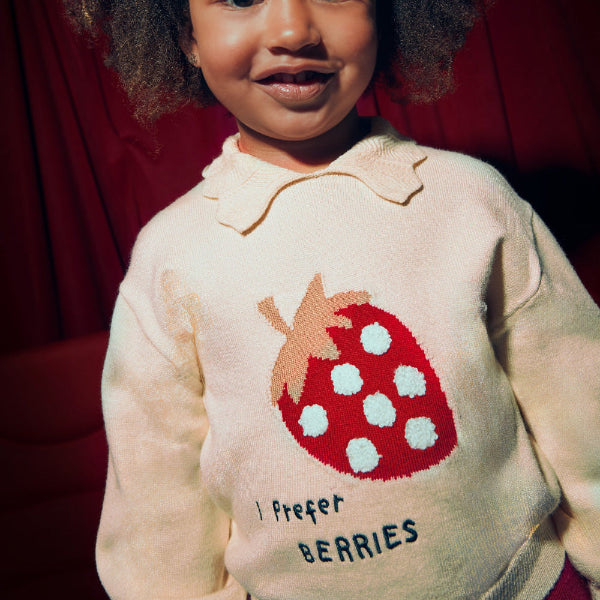 Mayoral mini girl sweater cream knit with strawberry graphic