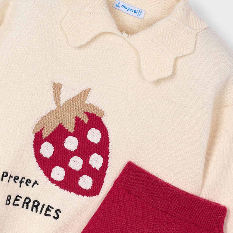 Mayoral mini girl skirt set red with cream top strawberry motif