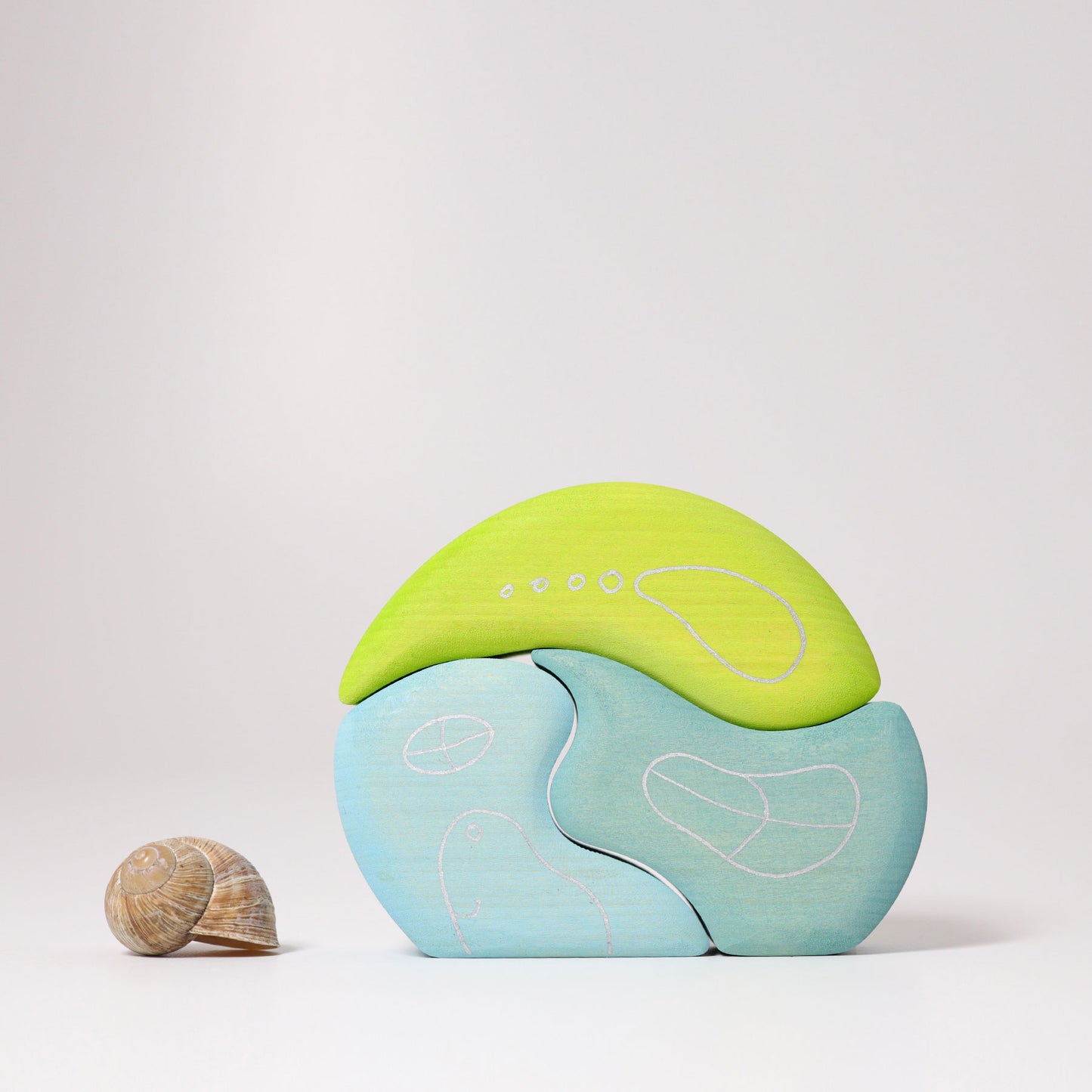 Grimm's blocks gnomes bungalow 3pc, lime green and sky blue curved wood blocks