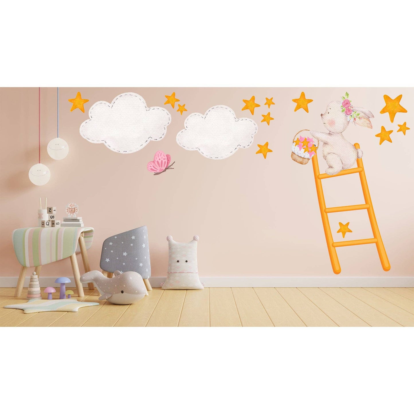 HELLO BEAUTIFUL DESIGNS BUNNY CLIMBING ON LADDER COLLECTING STARS WITH PINK BUTTERFLY REUSABLE NURSERY WALL STICKERS - baby enRoute