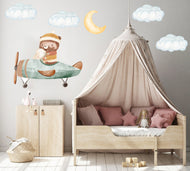 Hello Beautiful Designs Cute Bear And Bunny In Flying Green Plane With Clouds And Moon, Reusable Nursery Wall Stickers