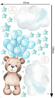 Hello Beautiful Designs Teddy Bear Floating With Balloons, Clouds And Stars, Reusable Nursery Wall Sticker Set