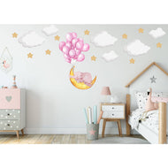 Hello Beautiful Extra Large Sleeping Elephant On Moon With Floating Pink Balloons Clouds And Stars Reusable Nursery Wall Stickers