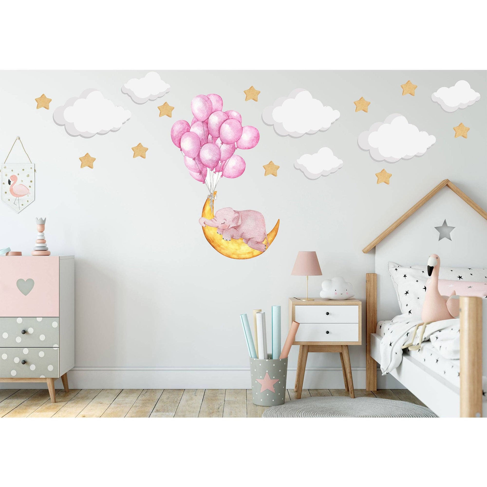 Hello Beautiful Extra Large Sleeping Elephant On Moon With Floating Pink Balloons Clouds And Stars Reusable Nursery Wall Stickers