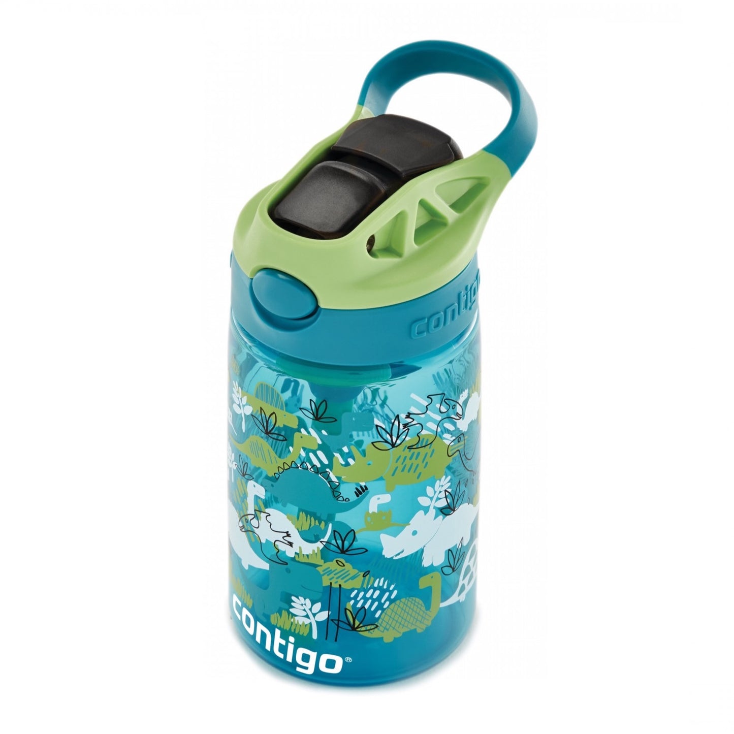 Contigo 14 oz kids water bottle in juniper green apple with blue lid and jungle print.