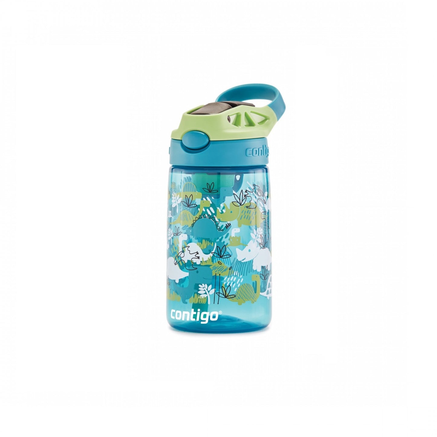 Contigo Cleanable 14 oz water bottle juniper green apple with blue lid; dinosaur print design.