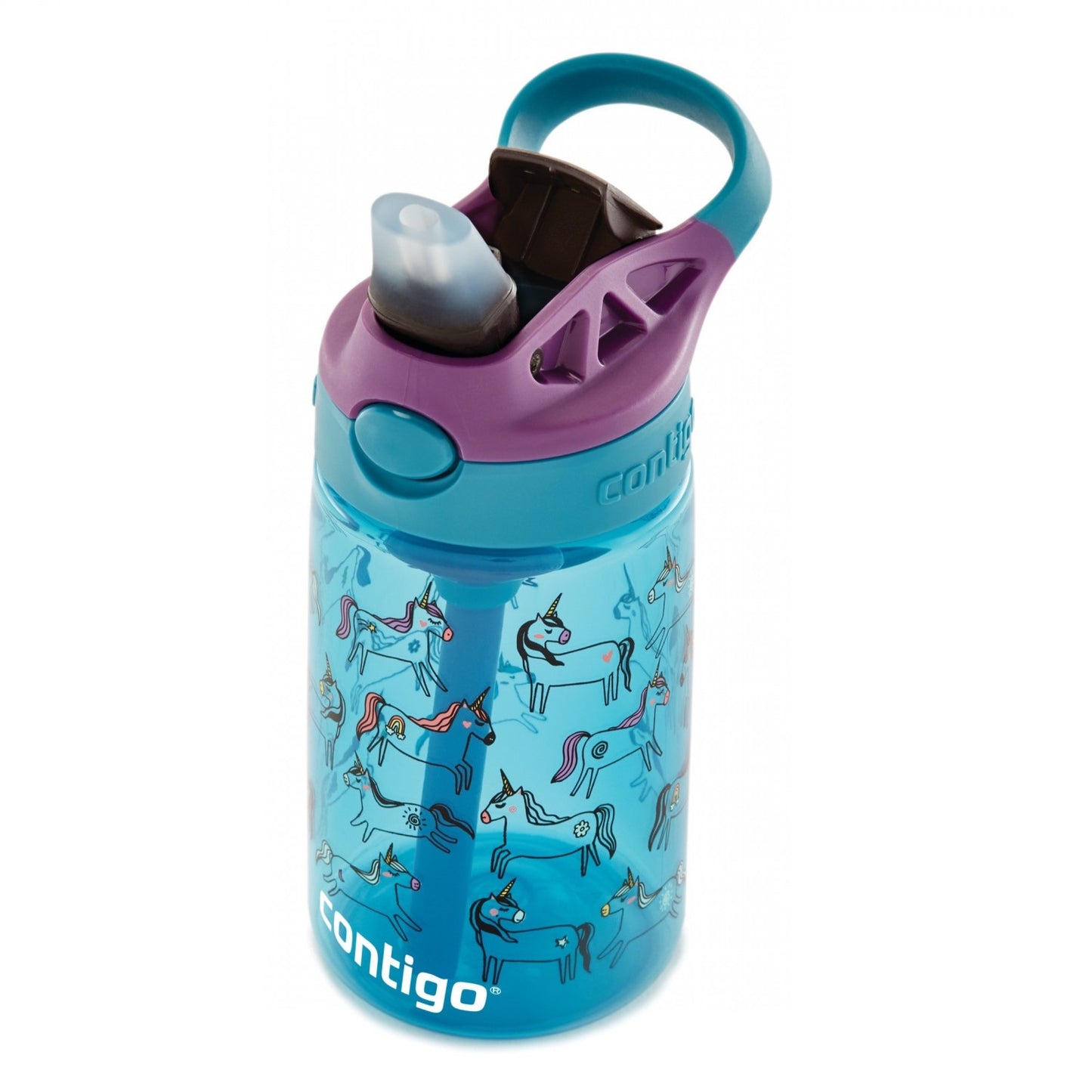 Contigo Cleanable 14 oz Unicorn Junpier Eggplant water bottle with turquoise lid and unicorn print