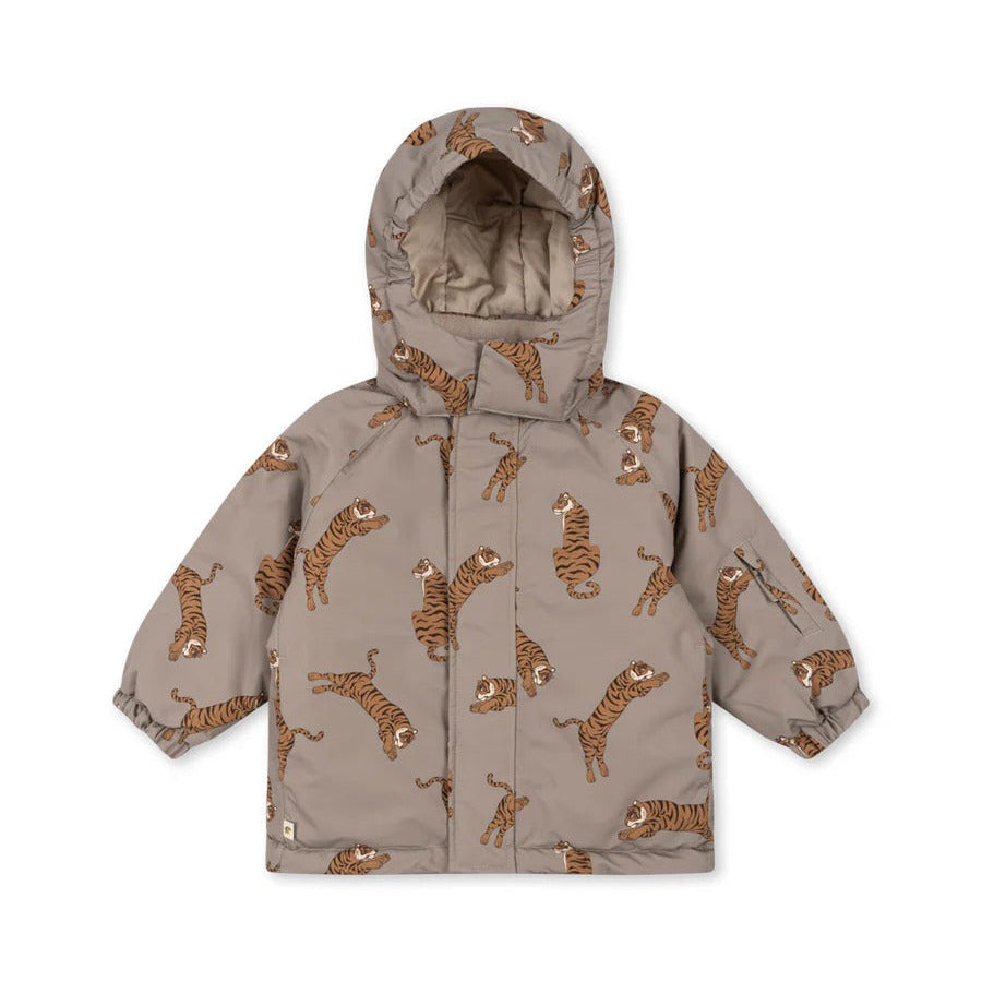 Konges Slojd Mismou Jacket Tiger Oak toddler coat laid flat with hood, tiger print in taupe.