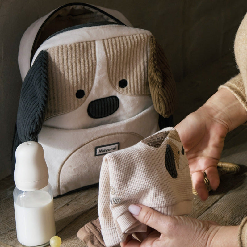Mayoral backpack with beige dog-face design and corduroy ears