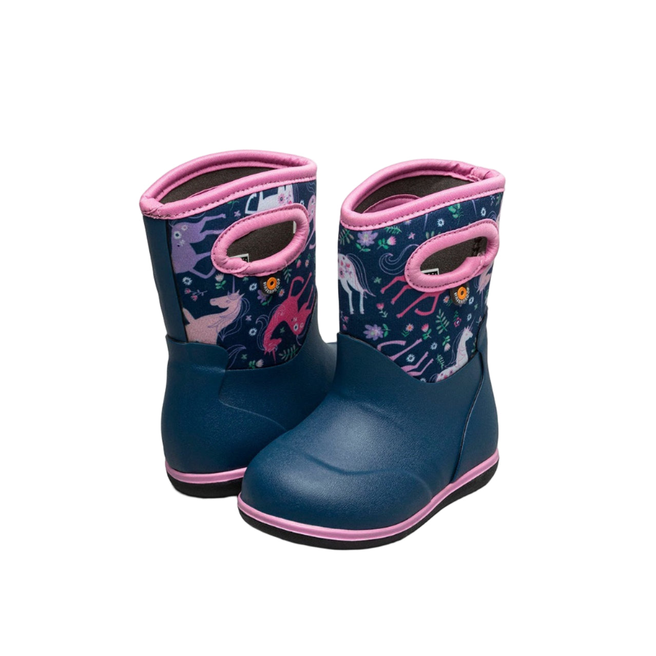 Bogs baby rainboots, blue with pink trim, unicorn meadow pattern pair