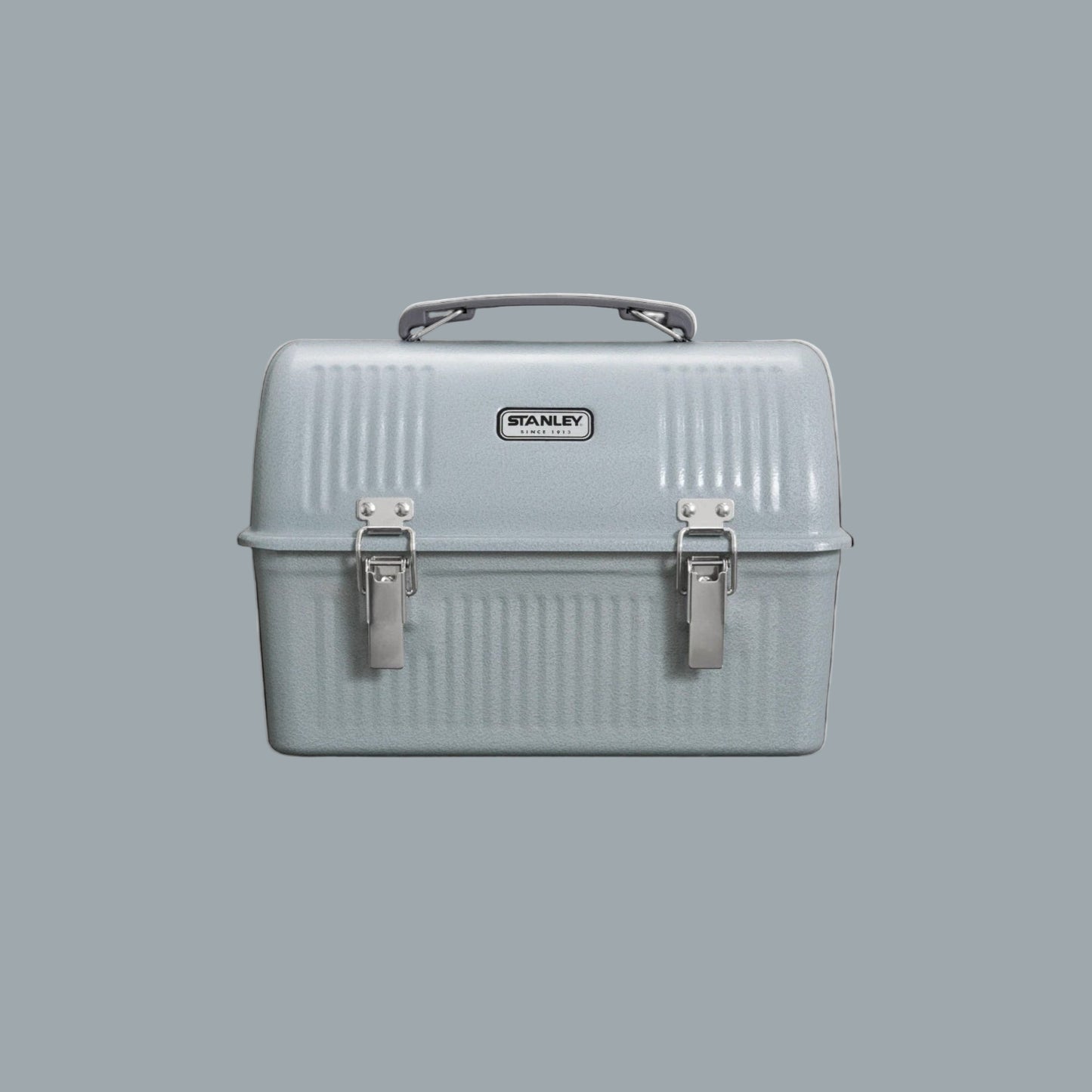 Stanley Classic Lunchbox 10Qt, silver metal with twin latches and handle, durable food carrier.
