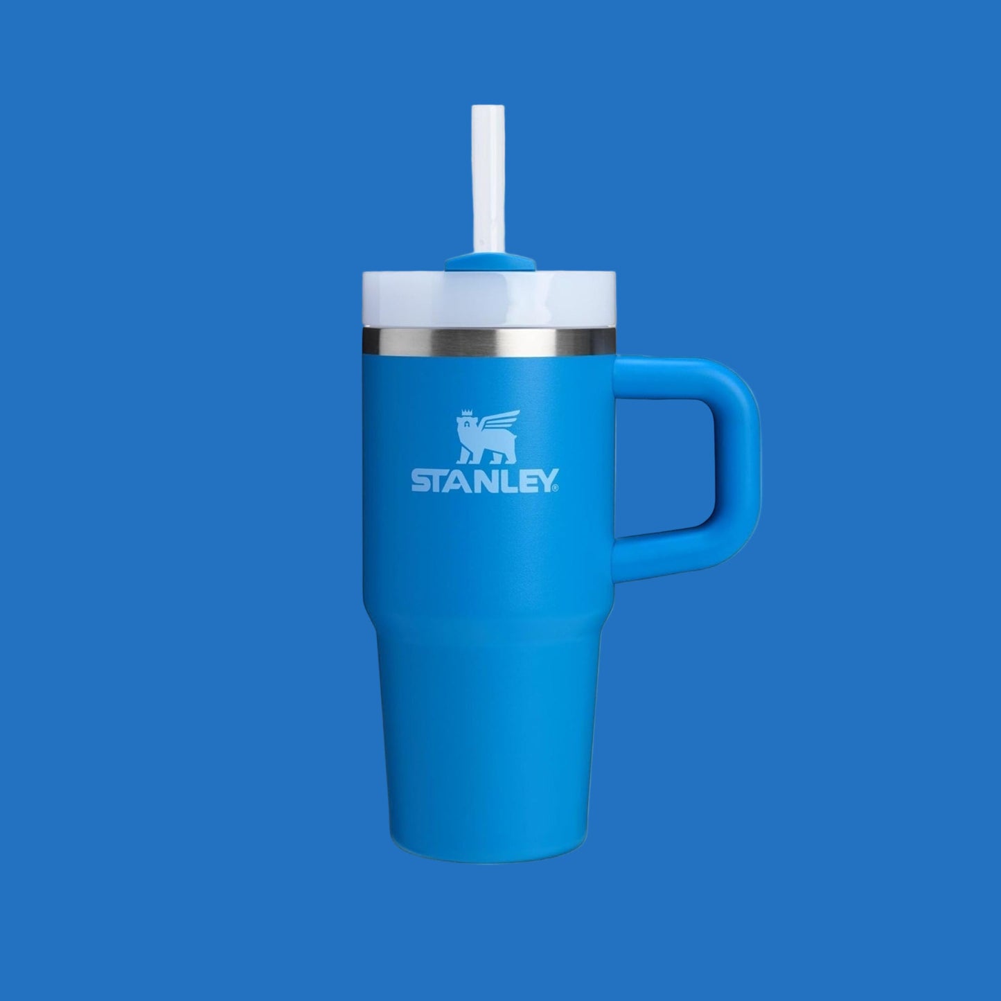 Stanley The Quencher H2.0 Flowstate Tumbler With Handle 14 oz in blue, straw extended through lid.