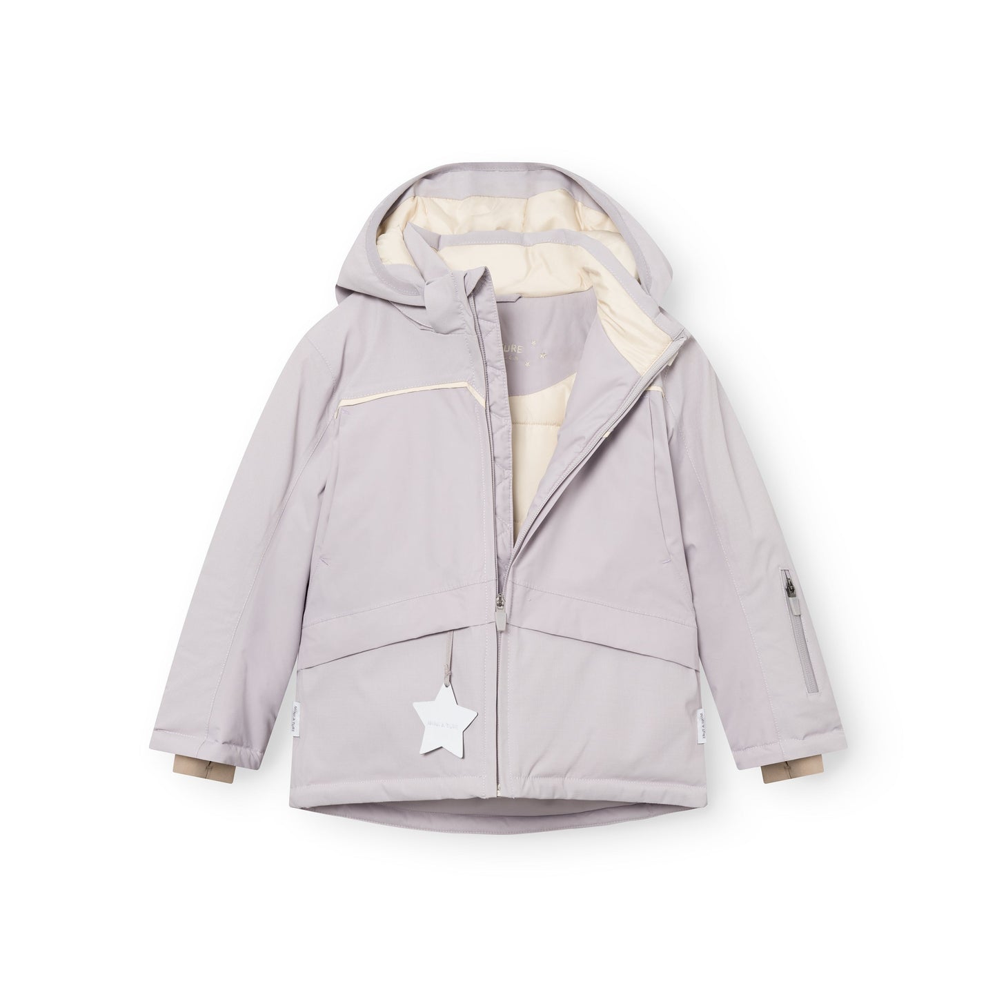 MINI A TURE Matadane Ski Tech Jacket Grs Purple Raindrops laid flat, lavender shell with beige lining, hood and zipper pockets.