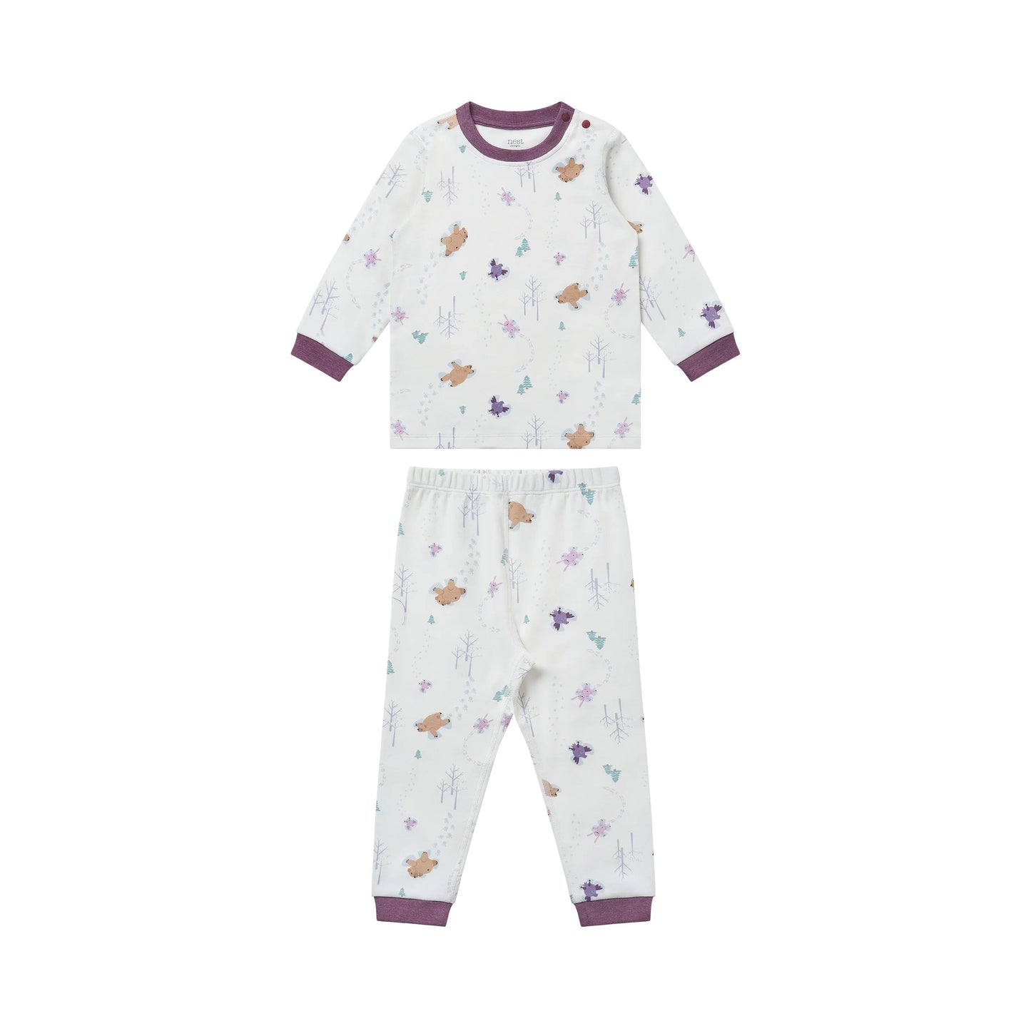 Nest Designs Two-Piece Long Sleeve Pajama Set Snow Angels in white with purple cuffs, featuring whimsical winter prints.