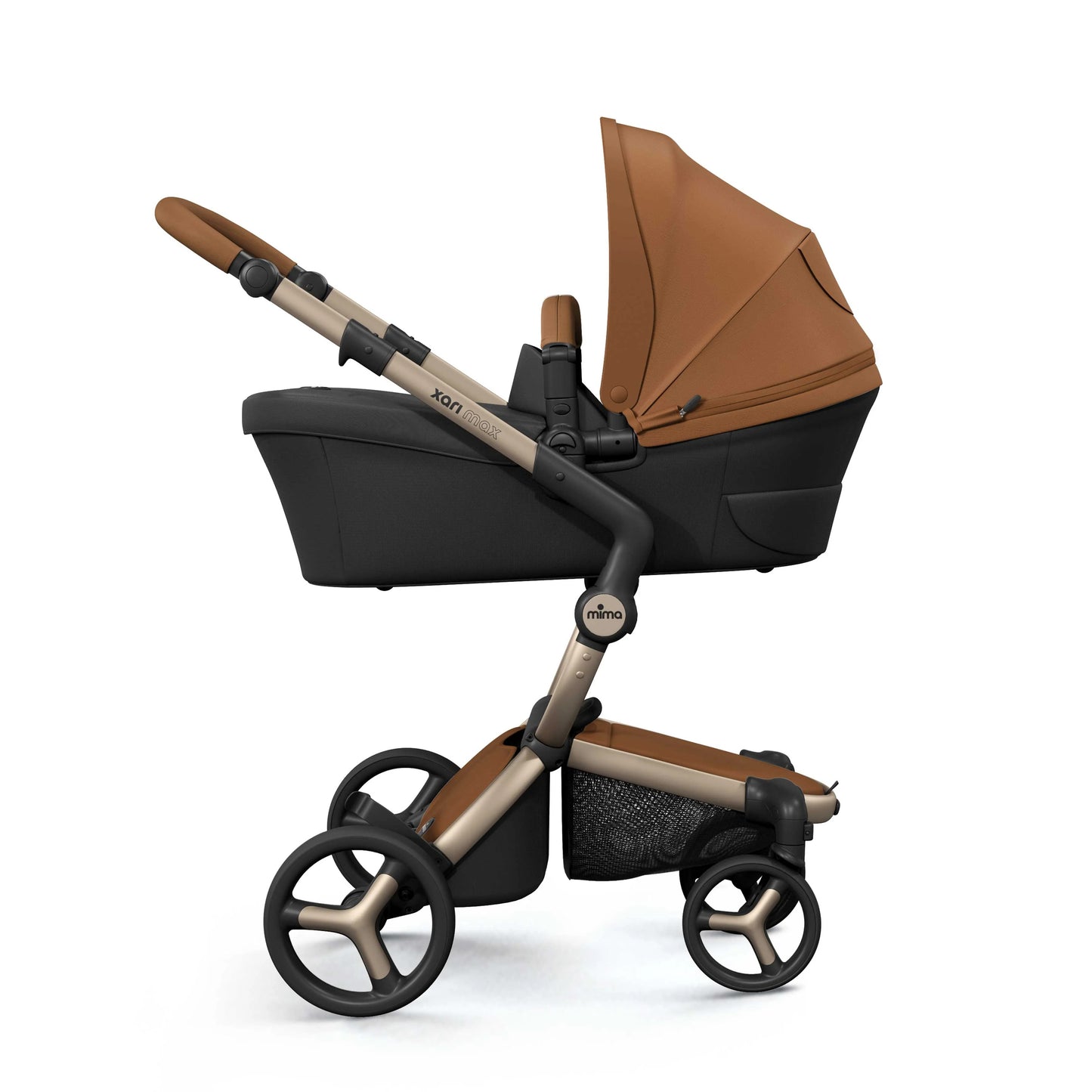 Mima Xari Max Stroller & Bassinet in tan leather with beige aluminum frame, bassinet attached.