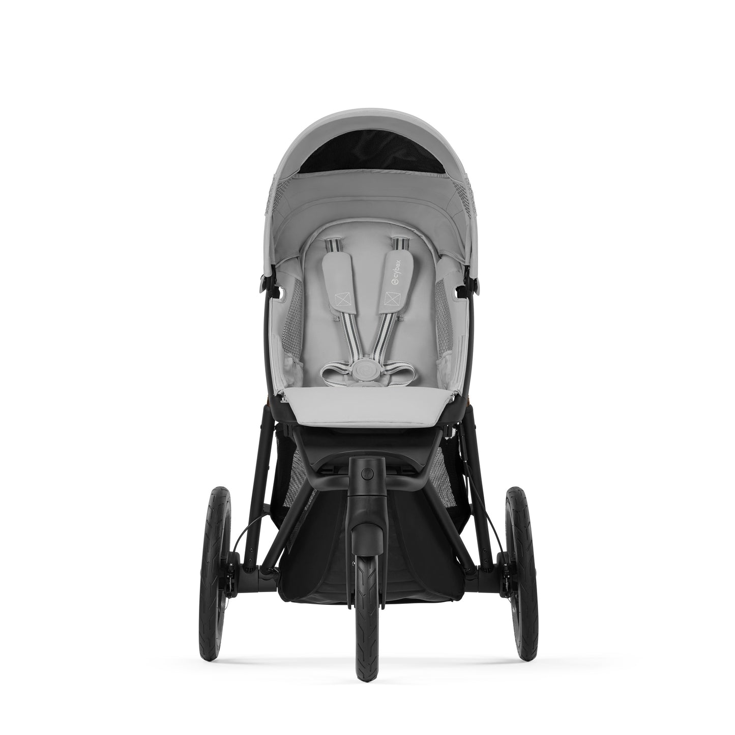 CYBEX Avi Spin All Terrain Stroller in grey, front view shows sturdy frame, large wheels, and padded 5-point harness.