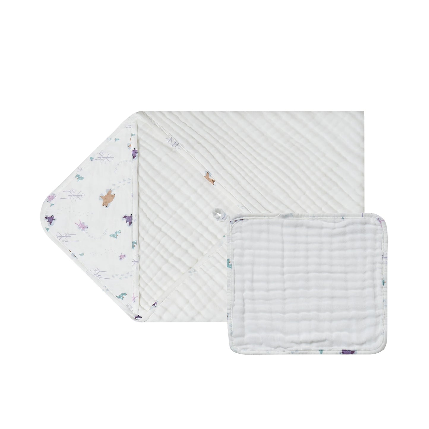 Nest Designs Organic Cotton 9-Layer Hooded Baby Bath Towel Snow Angels, white quilted towel with hood and matching washcloth.