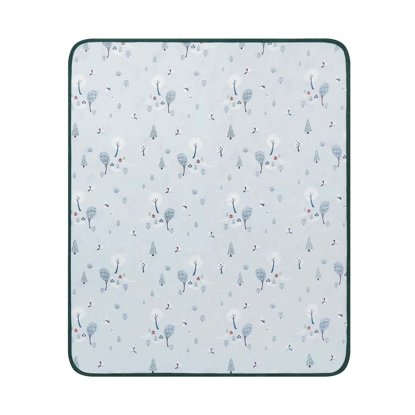 Nest Designs Cotton Waterproof Change Pad Large Winter Fun laid flat, showing snowy trees pattern with dark green edge.