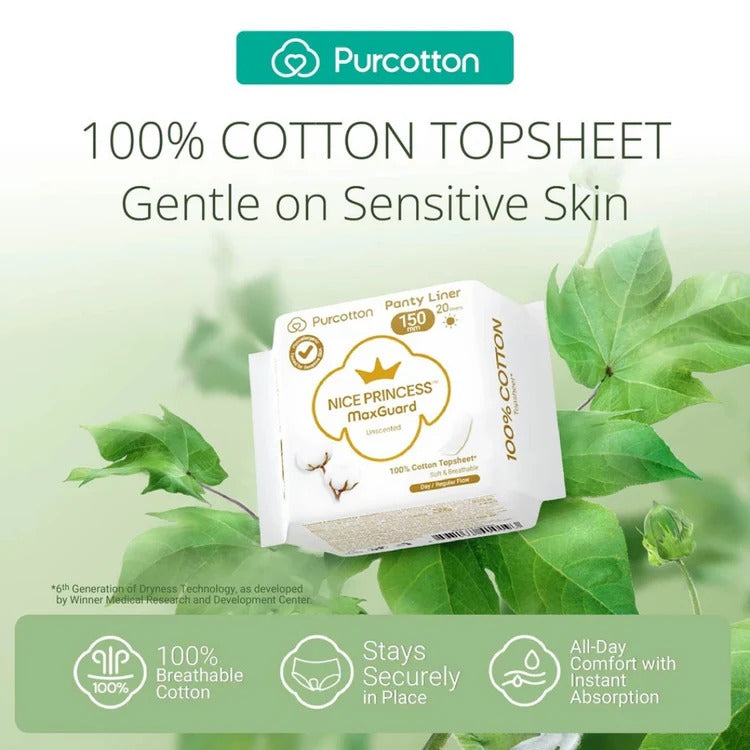 Purcotton MaxGuard Panty Liner 150mm, 20 pads, 100% cotton topsheet, gentle on sensitive skin.