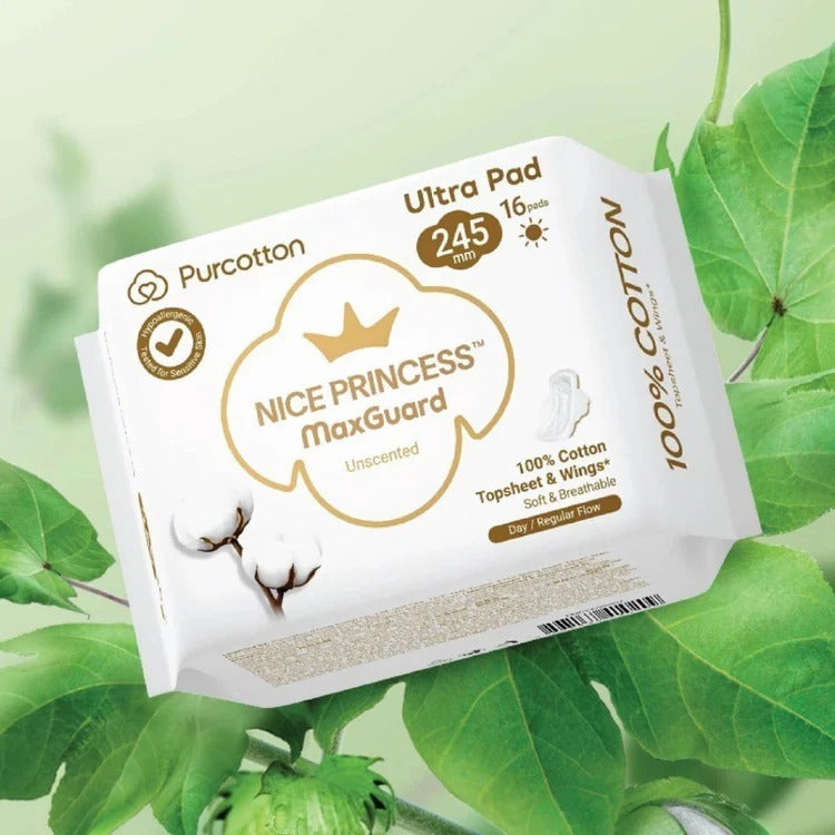 Purcotton Nice Princess MaxGuard Panty Liner 245mm, 16 pads, unscented 100% cotton, on leafy background