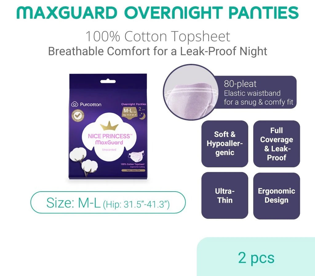 Purcotton MaxGuard Unscented Overnight Panties 2pcs; two-pack beside purple box, highlighting breathable 100% cotton topsheet and slim elastic waistband.