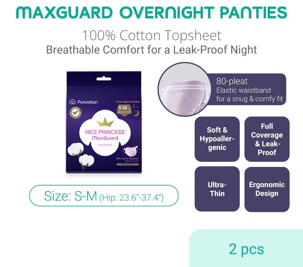 Purcotton MaxGuard Unscented Overnight Panties 2pcs in purple package; elastic waistband for a snug, leak-proof night.