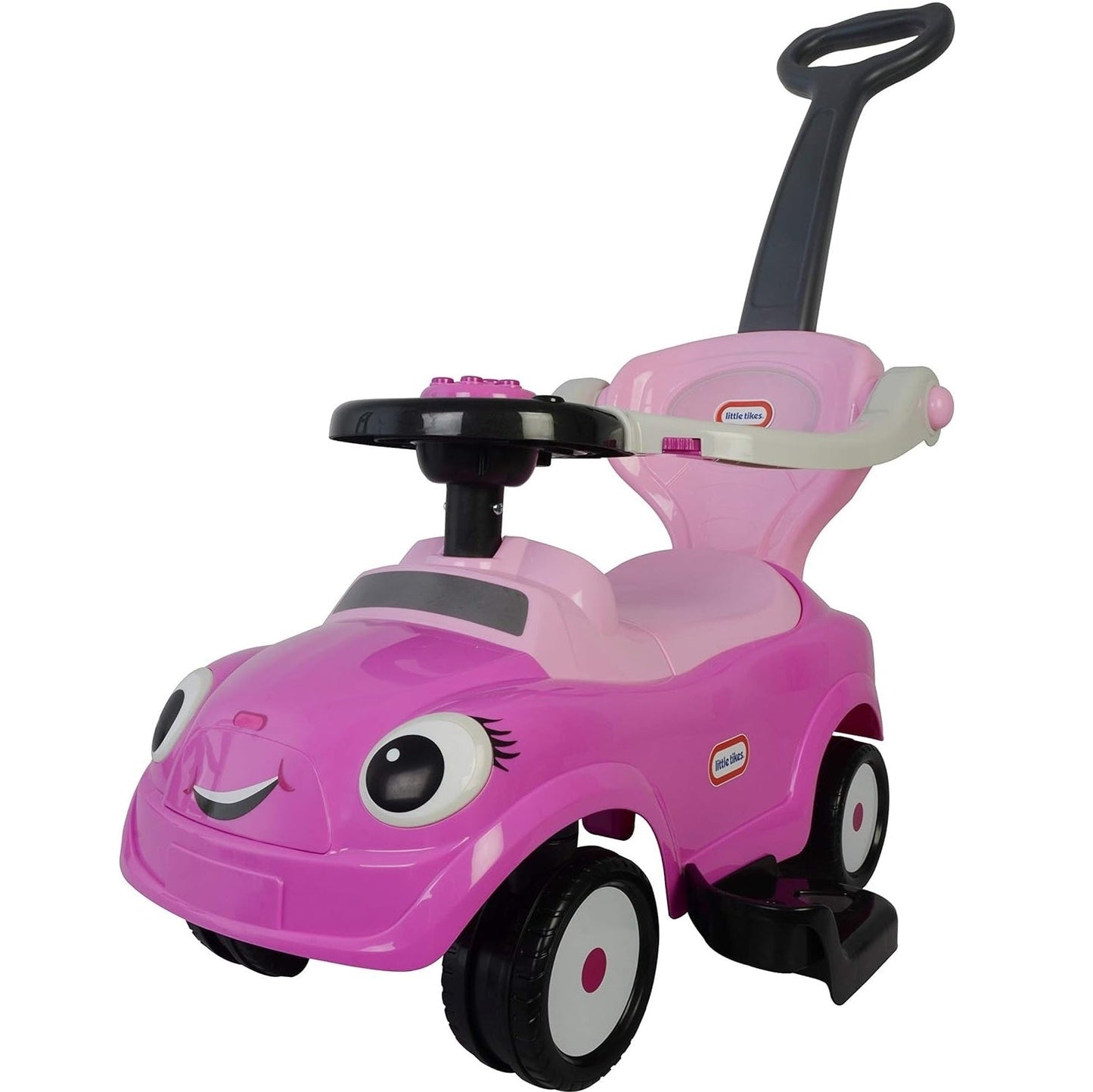 Little Tikes 3-in-1 ride-on car, pink and purple plastic with steering wheel and push handle