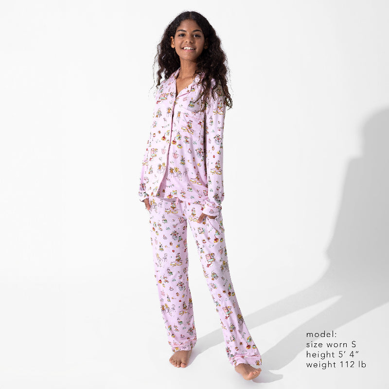 Bellabu Bear Bamboo Women's Pajama Set Tea Party in lilac floral; model stands barefoot with hands in pockets.