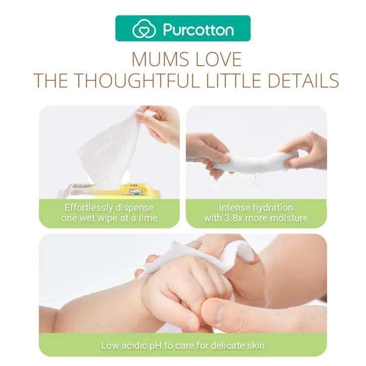 Purcotton Cotton Baby Wet Wipes 80 Sheets; mom pulls a single wipe to show one-at-a-time dispensing and extra-moisture care.