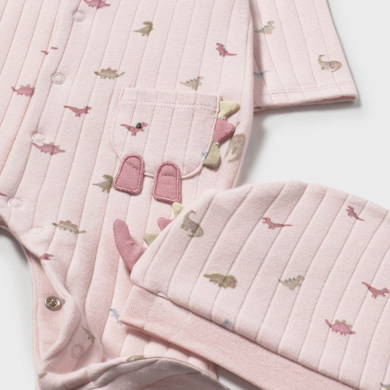Mayoral dinosaur print romper and hat set, pink, 2-piece