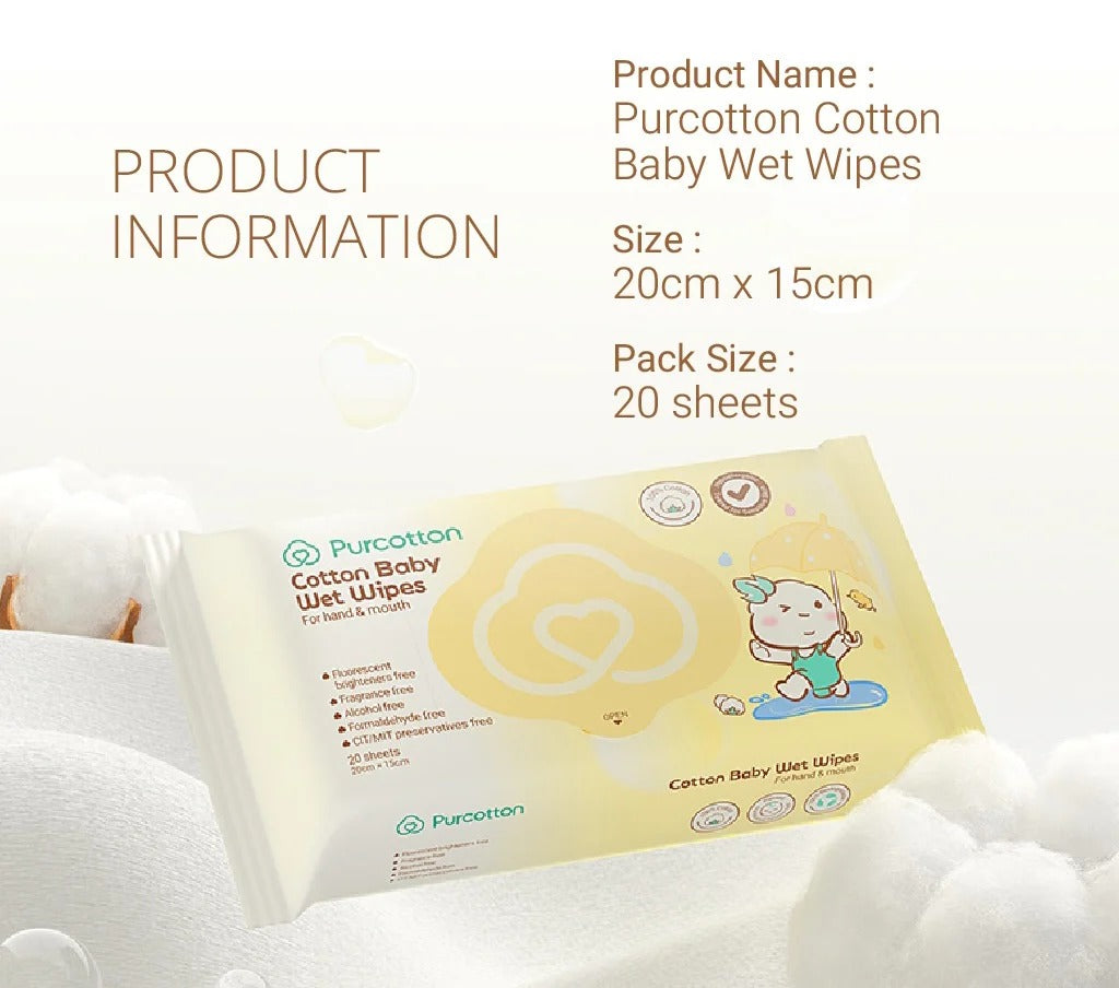 Purcotton Cotton Baby Wet Wipes 20 Sheets