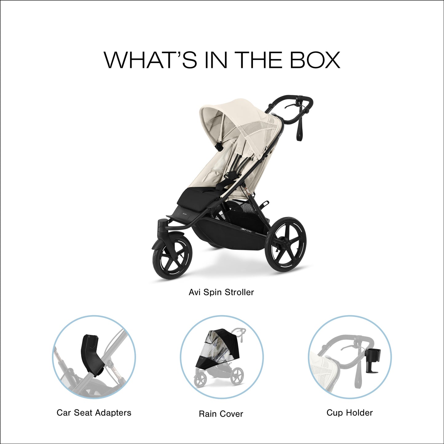 Cybex Avi Spin All Terrain Stroller in beige with black frame; rain cover, cup holder, and car seat adapters displayed beside it.