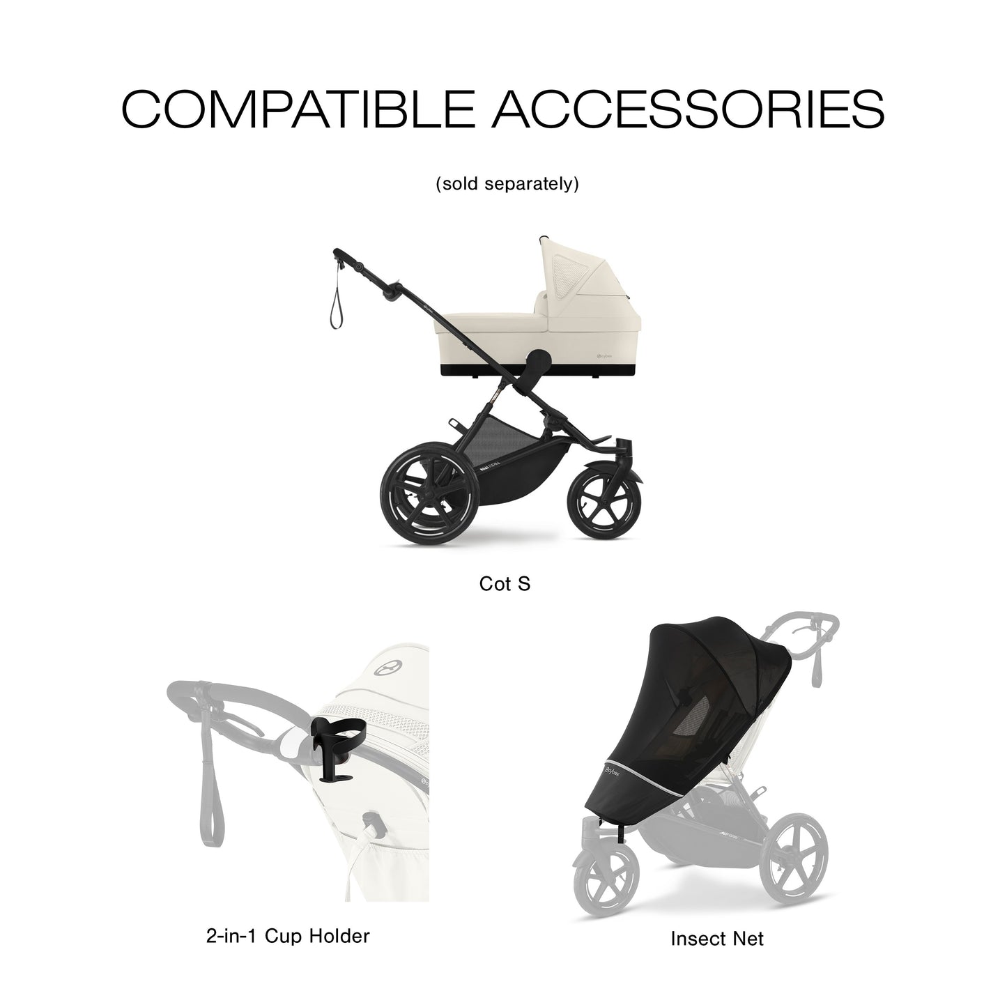 CYBEX Avi Spin All Terrain Stroller with beige bassinet, showing a 2-in-1 cup holder and insect net.