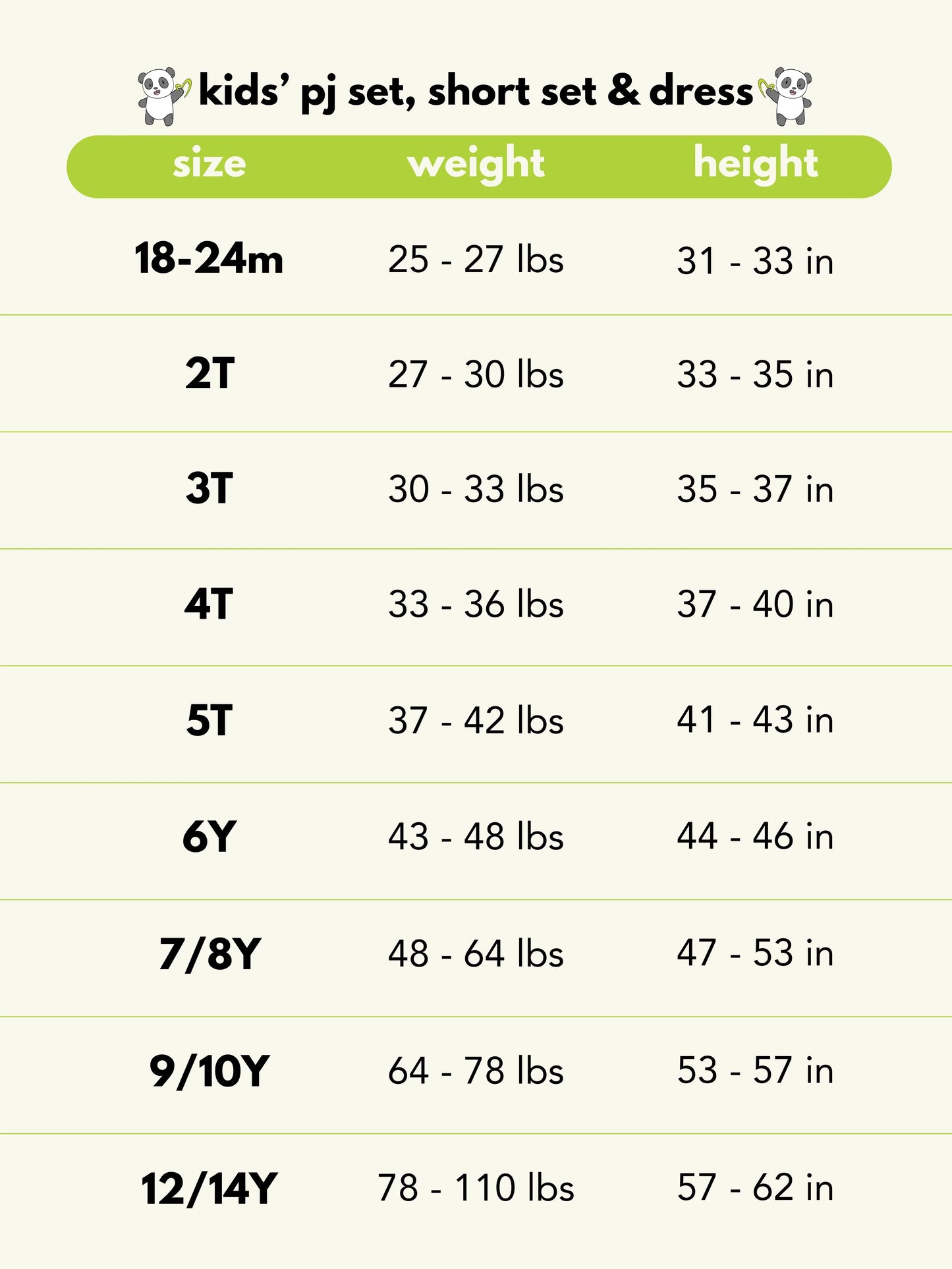 Bellabu Bear Varsity Blue Bamboo Kids Pajamas size chart showing weight and height ranges for Paw Patrol.
