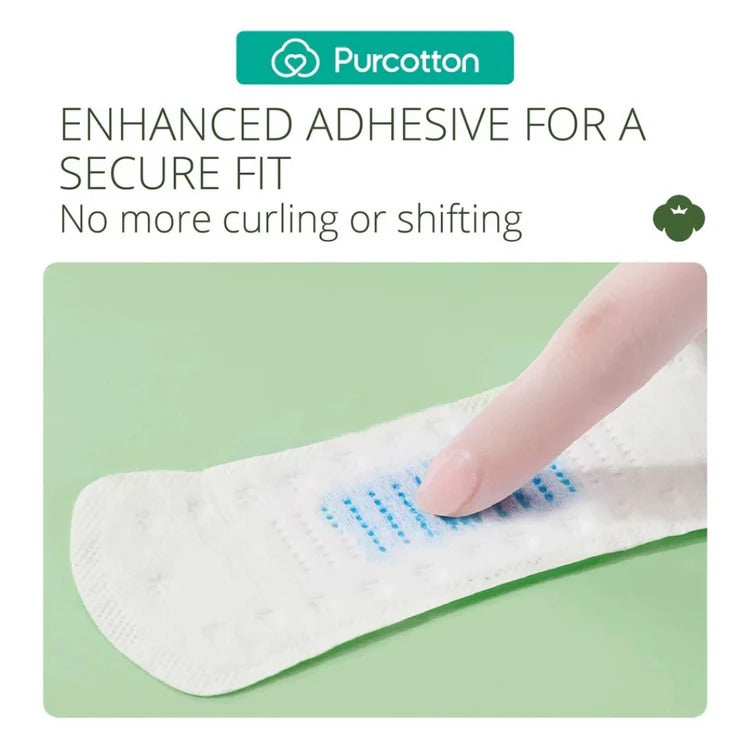 Purcotton MaxGuard Panty Liner 150mm, 20 pads, enhanced adhesive shown securing the liner under a fingertip.