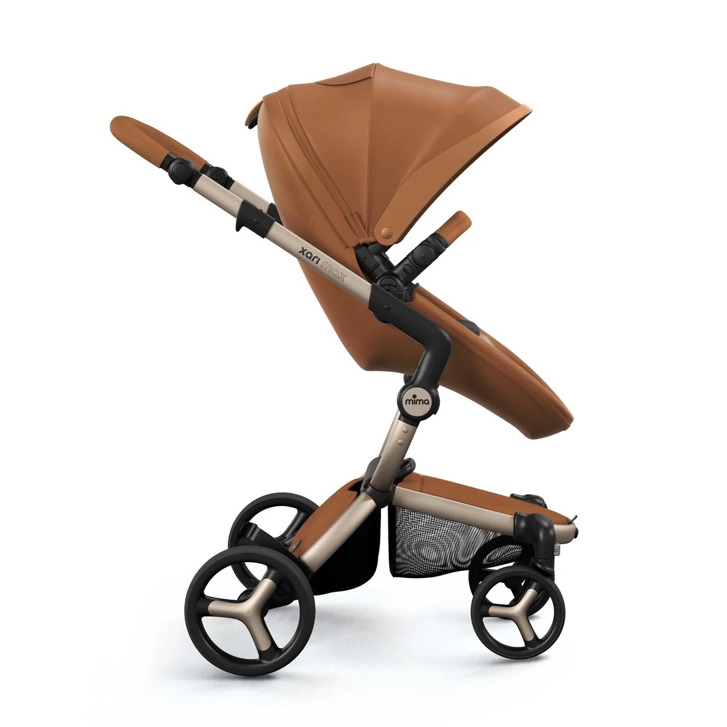 Mima Xari Max Stroller in caramel brown with tan frame and canopy extended, showcasing sleek four-wheel mobility.