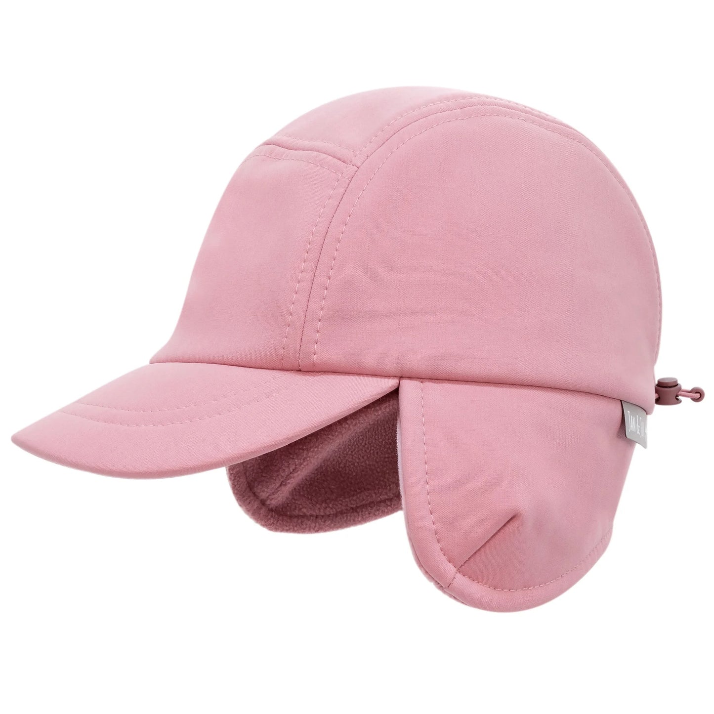 JAN & JUL Kids Water Resistant Softshell Cap Dusty Rose with pink ear flaps and chin strap.