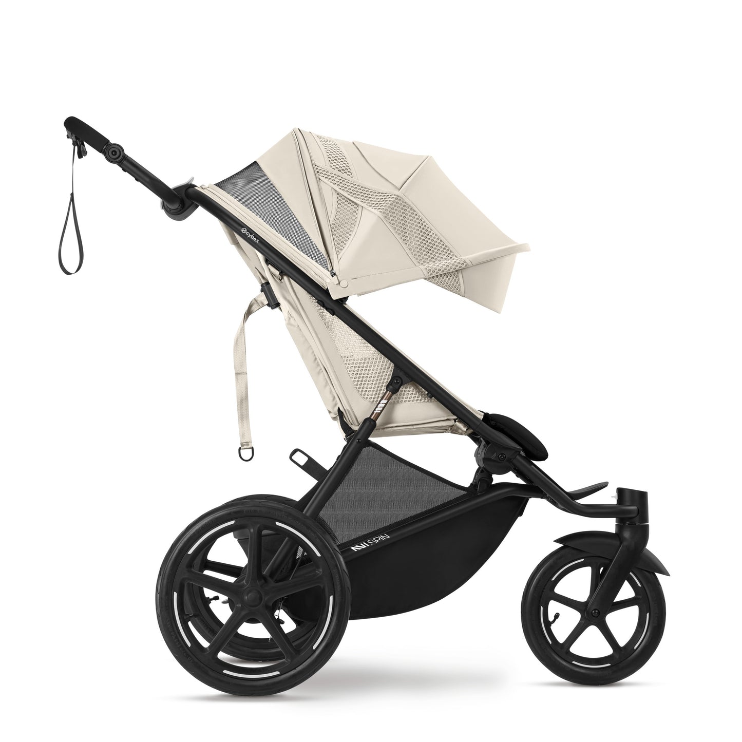 CYBEX Avi Spin All Terrain Stroller in beige with black frame, large wheels, and extendable canopy.
