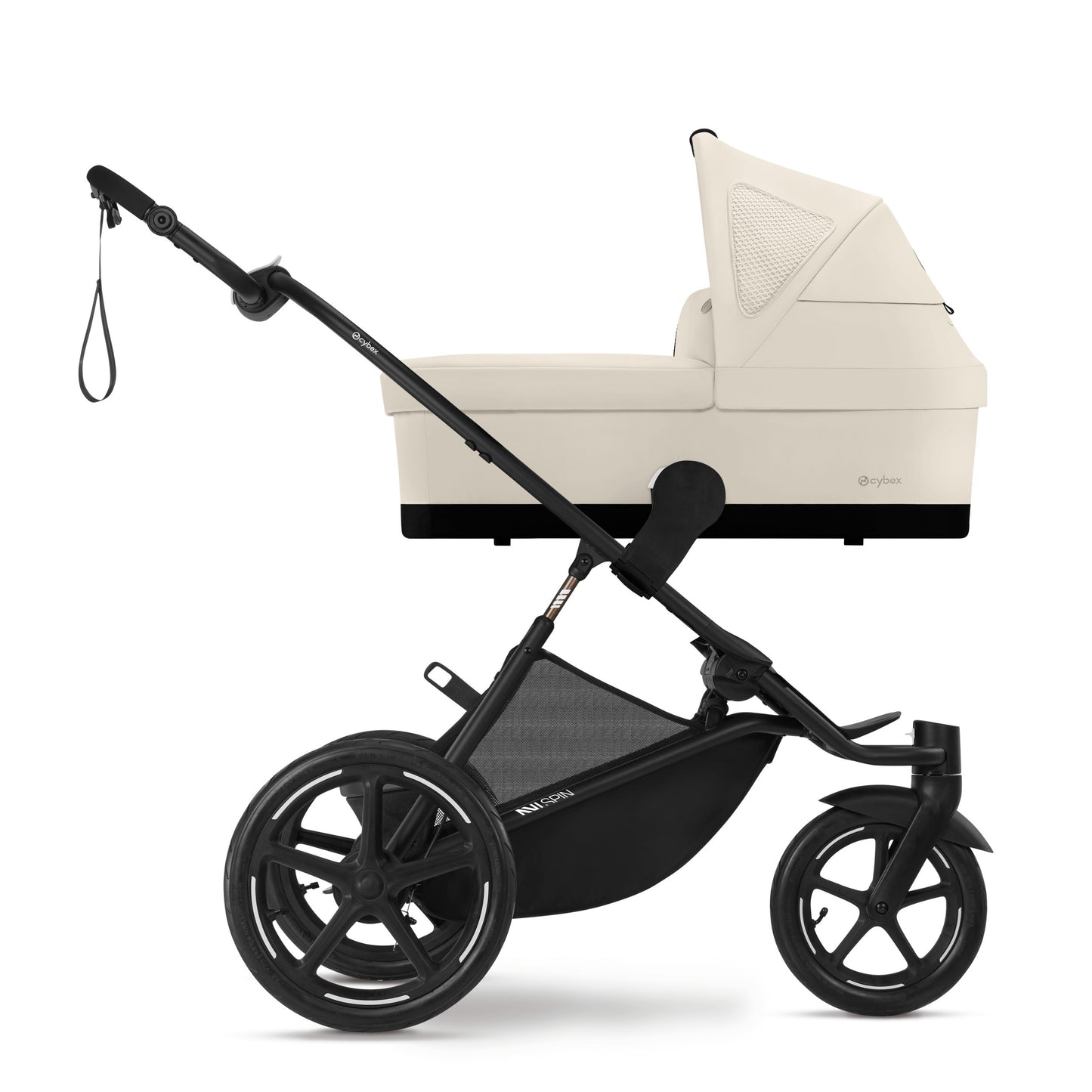 Cybex Avi Spin All Terrain Stroller with beige bassinet, black frame, showing large wheels for rugged terrain.