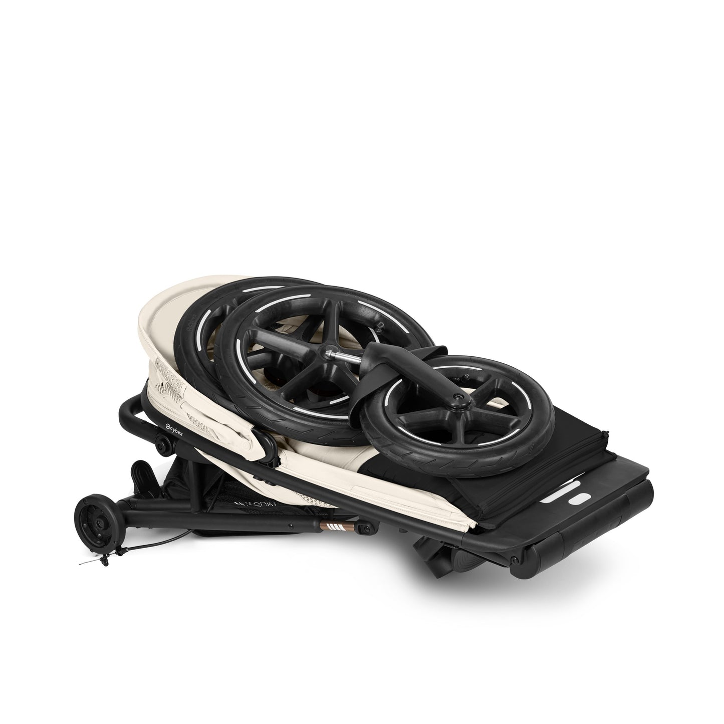 Cybex Avi Spin All Terrain Stroller folded compact with visible wheels in black and cream.