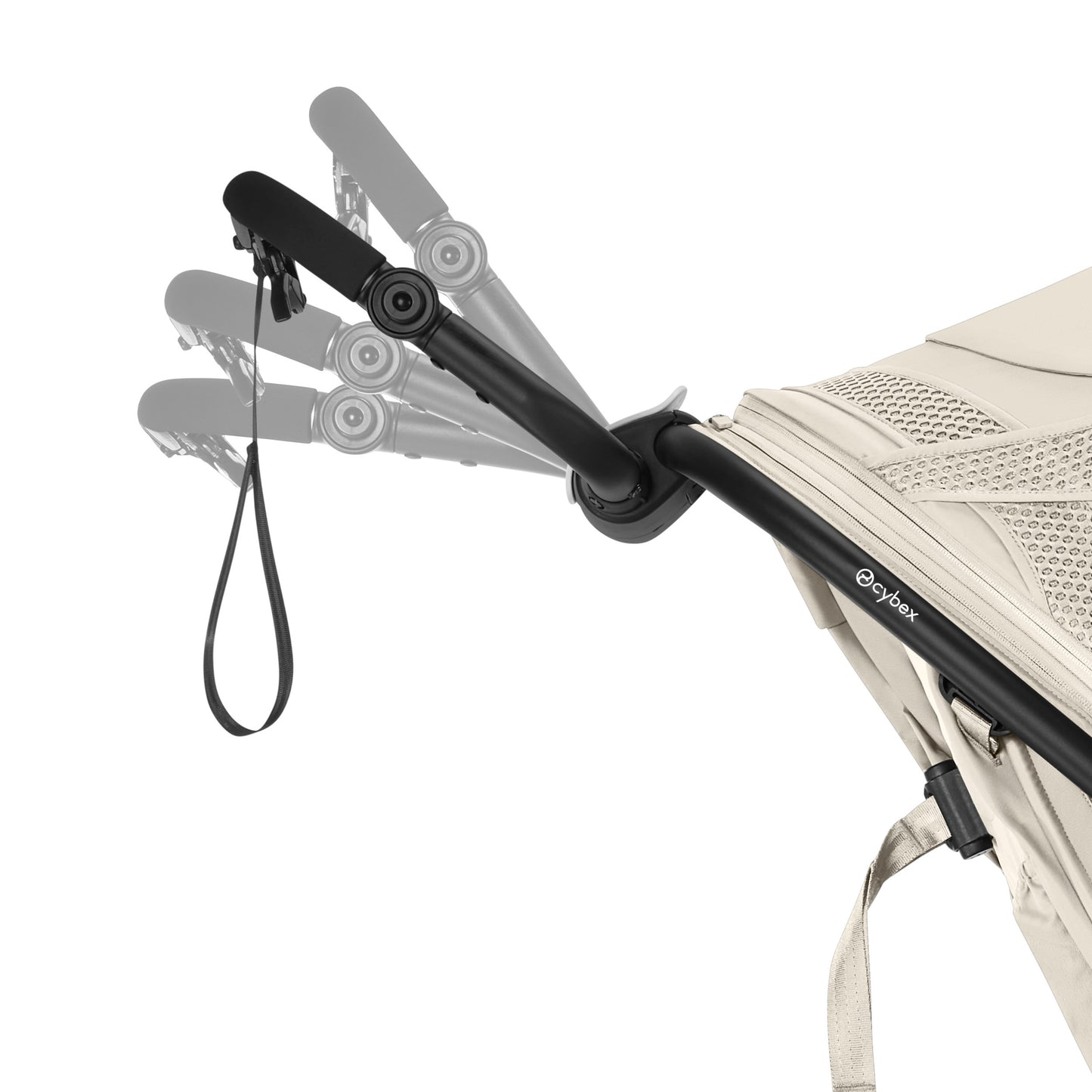 Cybex Avi Spin All Terrain Stroller handle with padded grip and wrist strap, beige seat, showing adjustable positions.