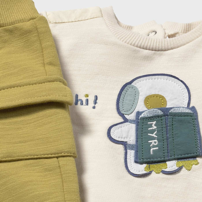 Mayoral 4 piece knit set space cream top with astronaut patch and mustard knit