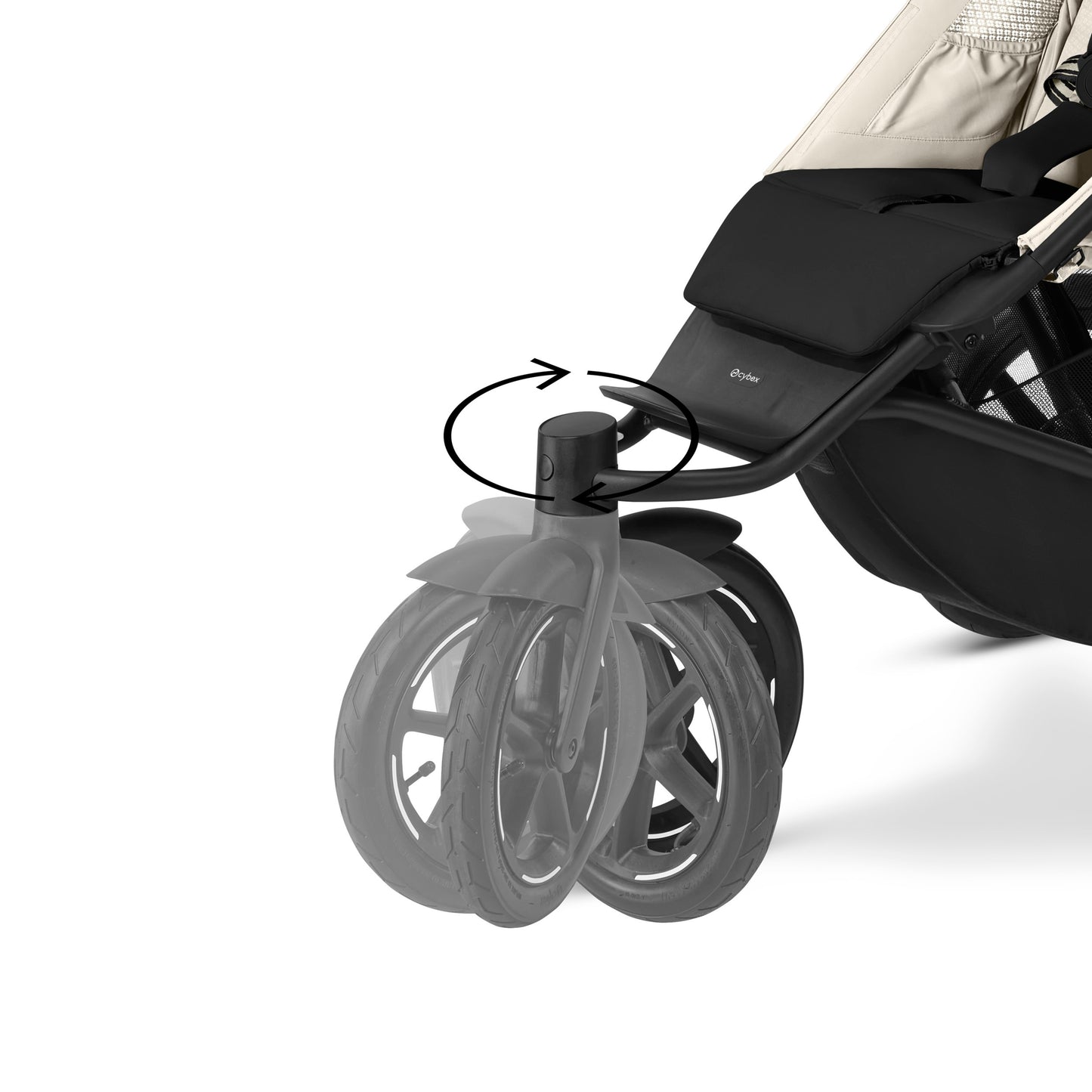 Cybex Avi Spin All Terrain Stroller in black frame with beige seat, front wheels and twist-to-lock knob in use.