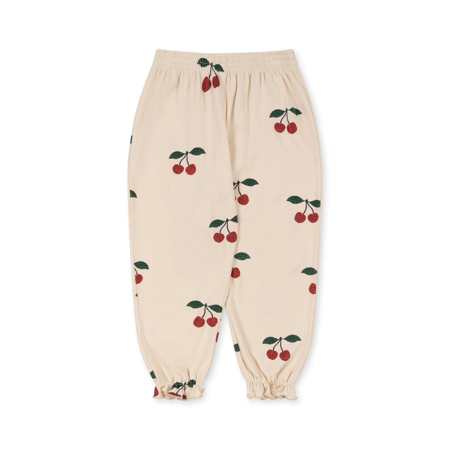 Konges Slojd Malli Glitter Pants in cream with cherry print; elastic waist and ruffle cuffs shown laid flat.
