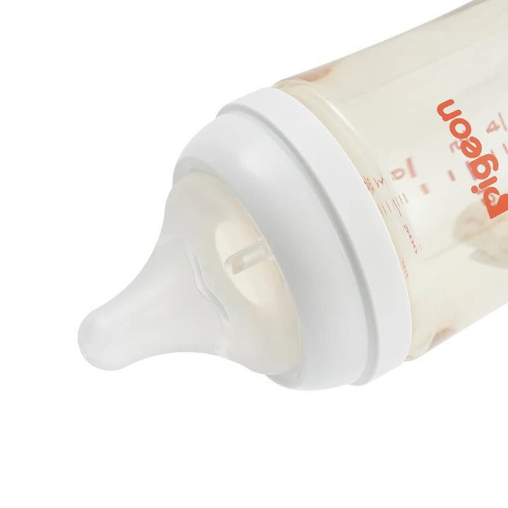 Pigeon PPSU Bottle 5oz with SS nipple for 0M+, tilted to reveal the silicone nipple and measurement scale.