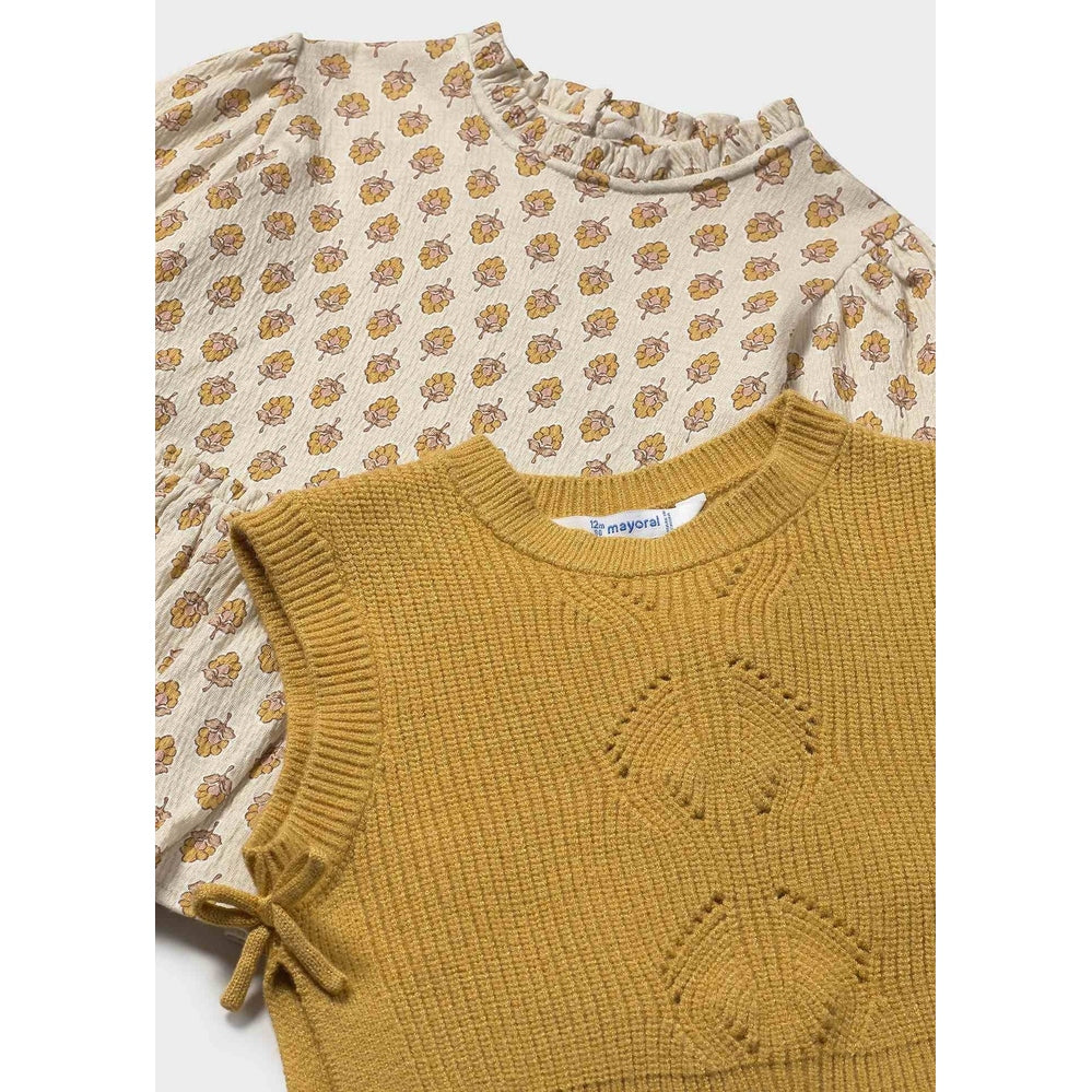 Mayoral Baby Dress With Faux Knit Vest Honey, beige floral-print dress paired with mustard knit vest for a cozy two-piece look.