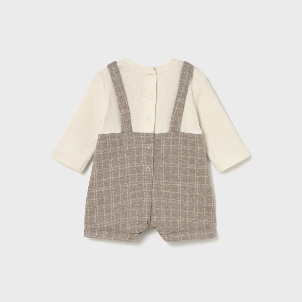 Mayoral Short Soft Dungaree Sesame set: cream knit top with beige plaid suspender shorts, straps fastened at front